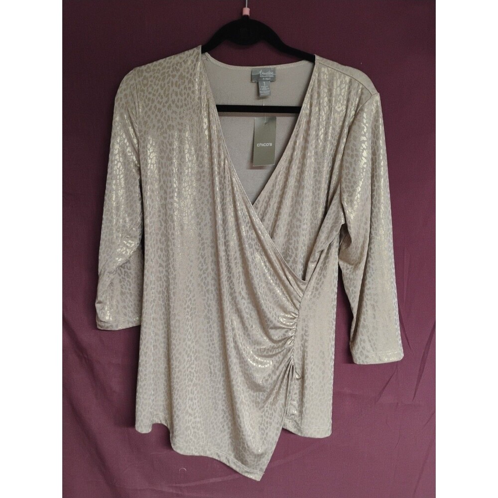 Chicos Gold Animal Foil Surplice Top 3/4 Sleeve Size 1